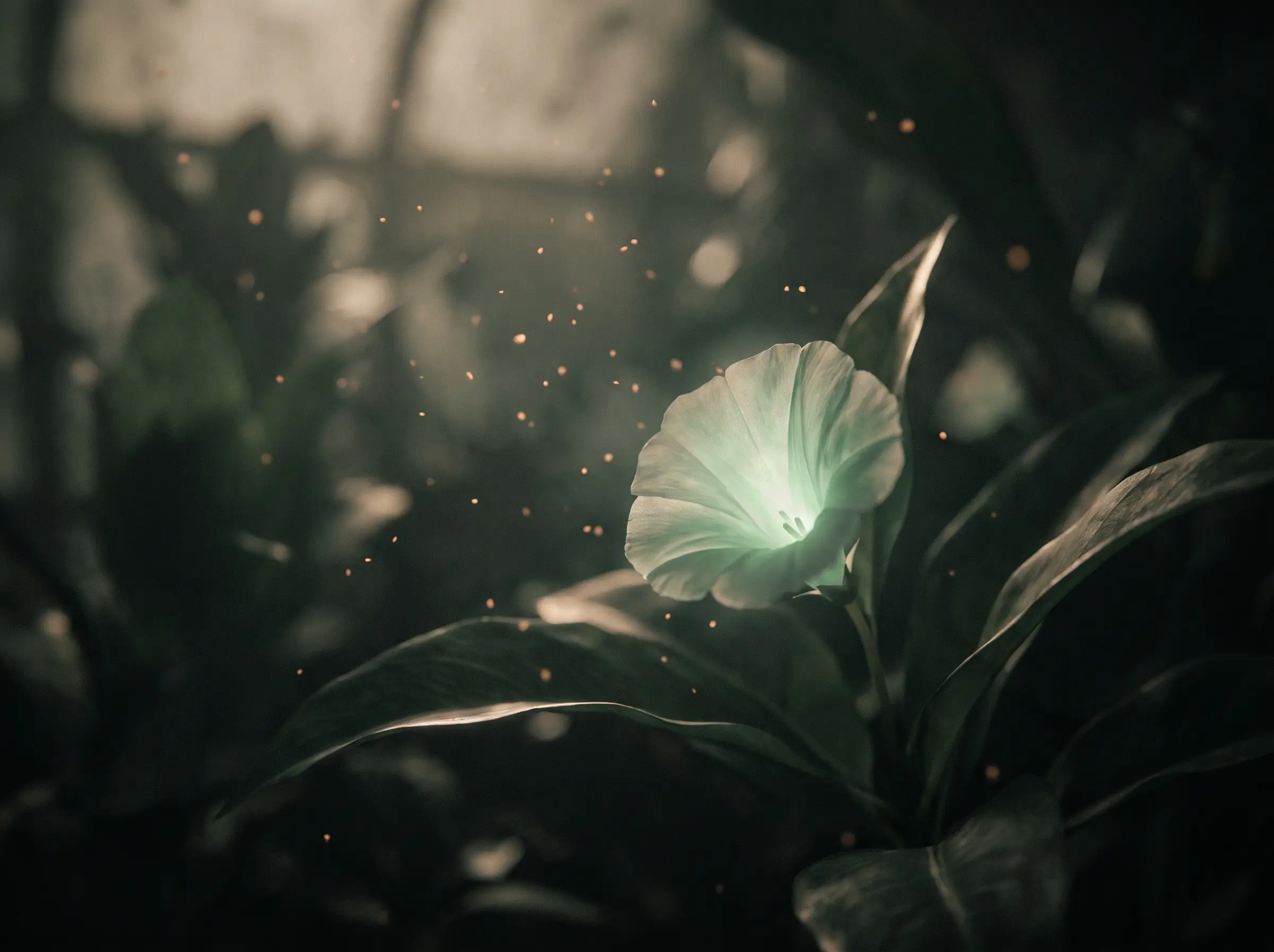 A single luminous flower glowing soft mint from within, inside a dark greenhouse at night