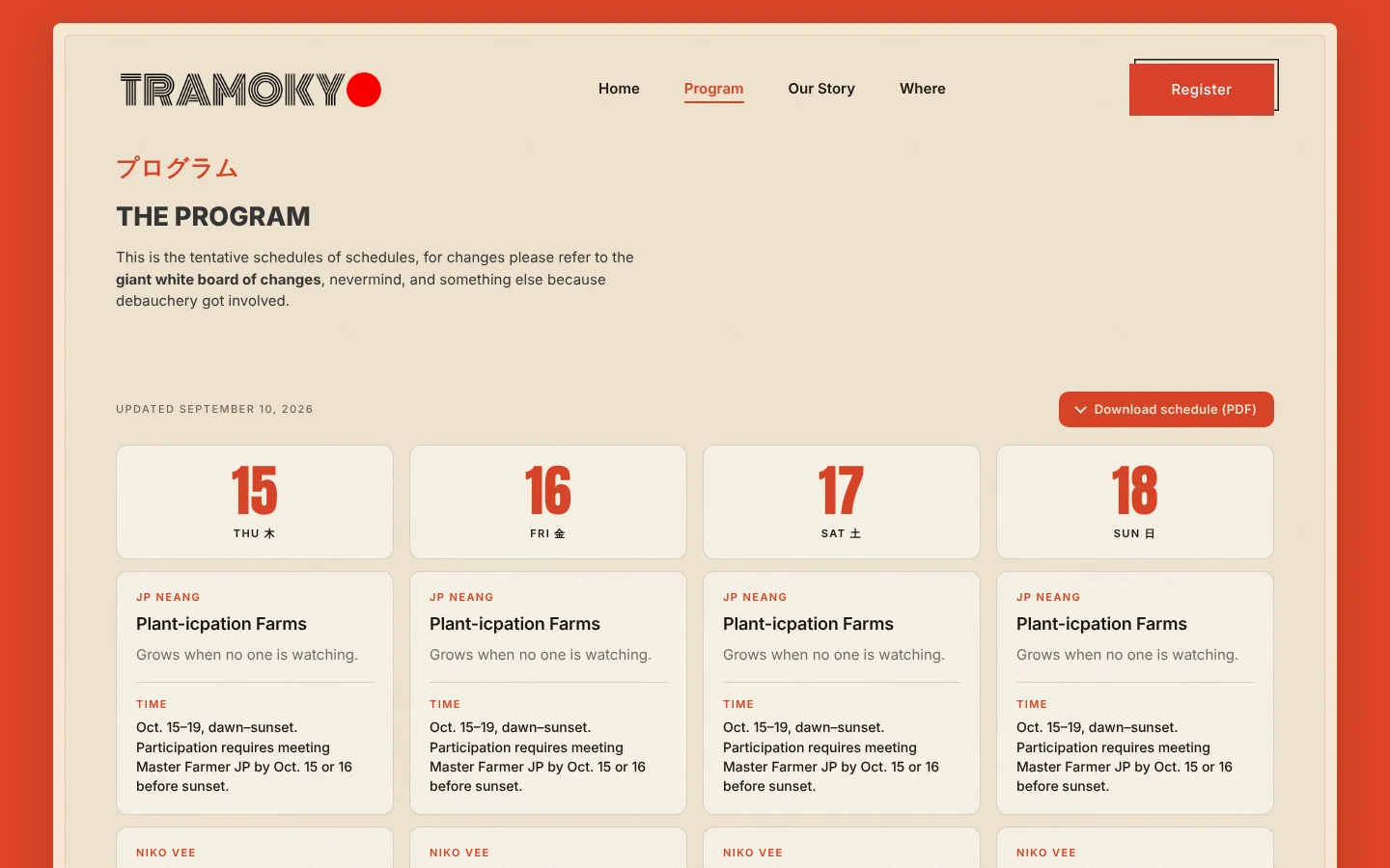 Tramokyo: the program · schedule page