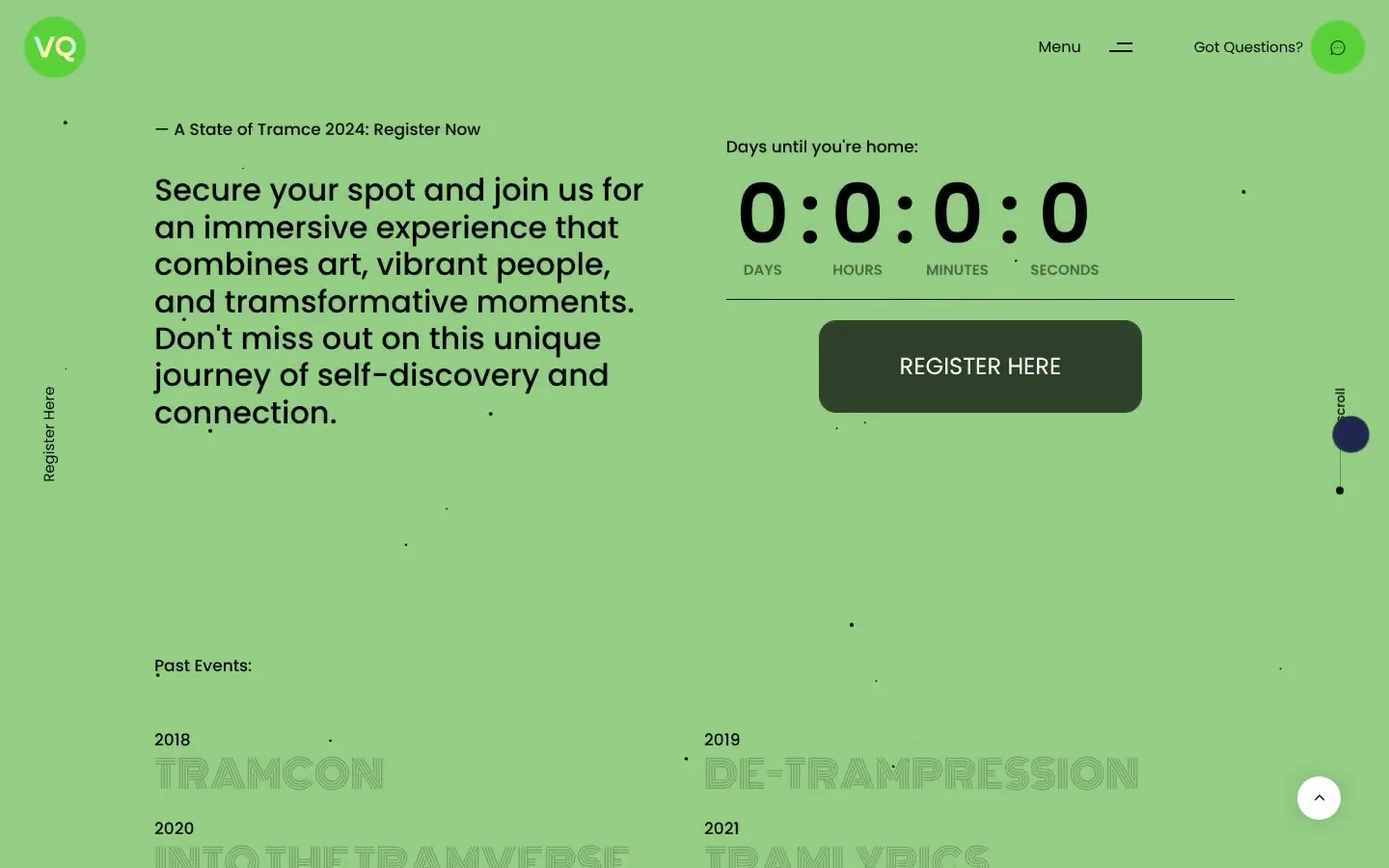 Vision Quest: register · countdown and past events